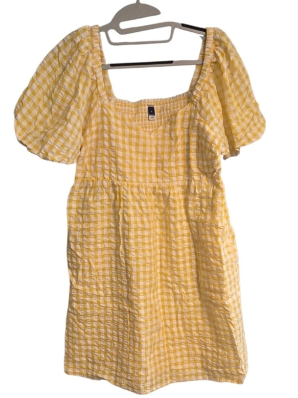 Old Navy Dress Yellow Gingham Puff Sleeve Picnic Smocked Sz M